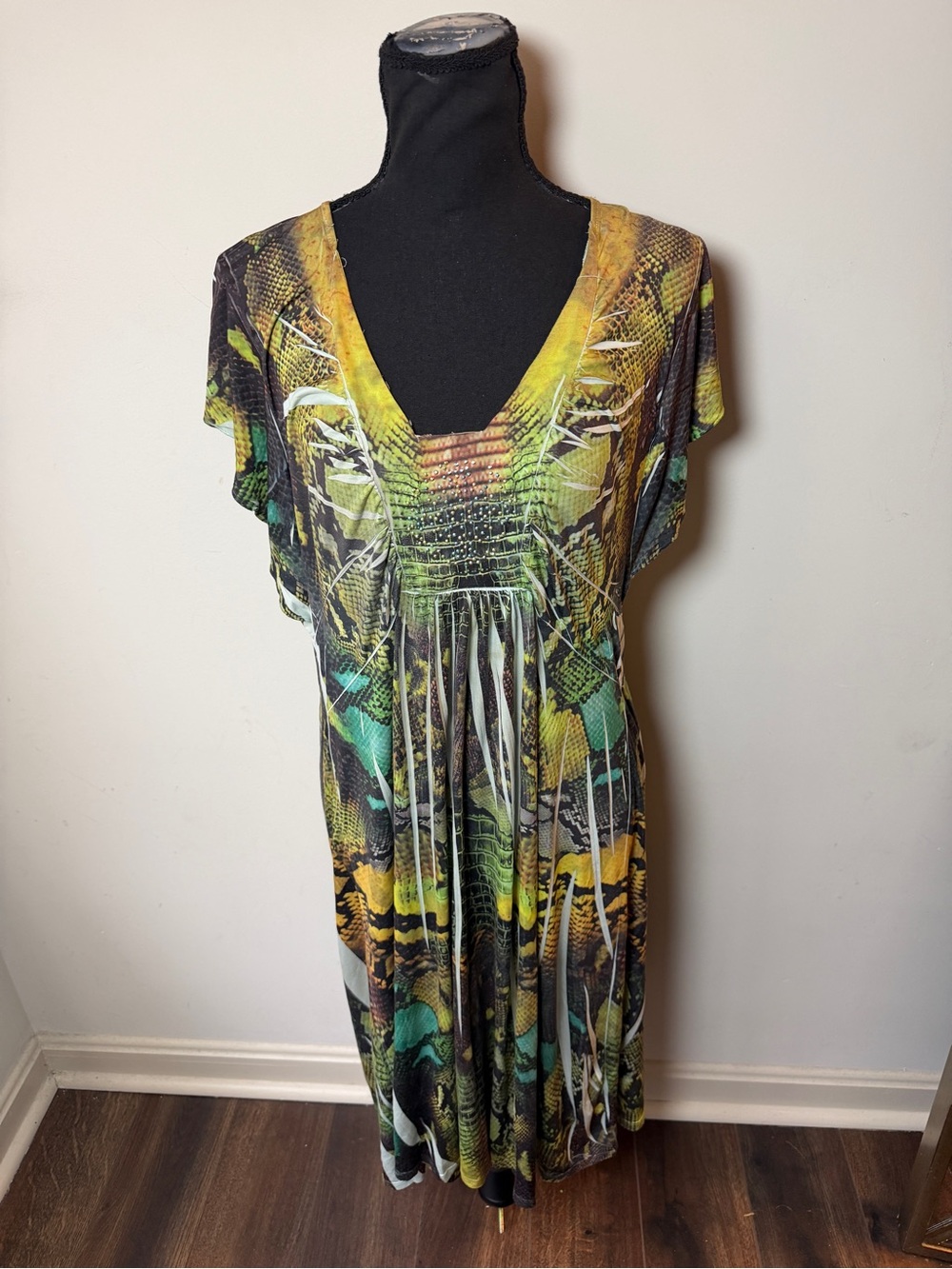 Unity World Wear M Animal Print Midi Dress Beaded Fringe V-Neck
